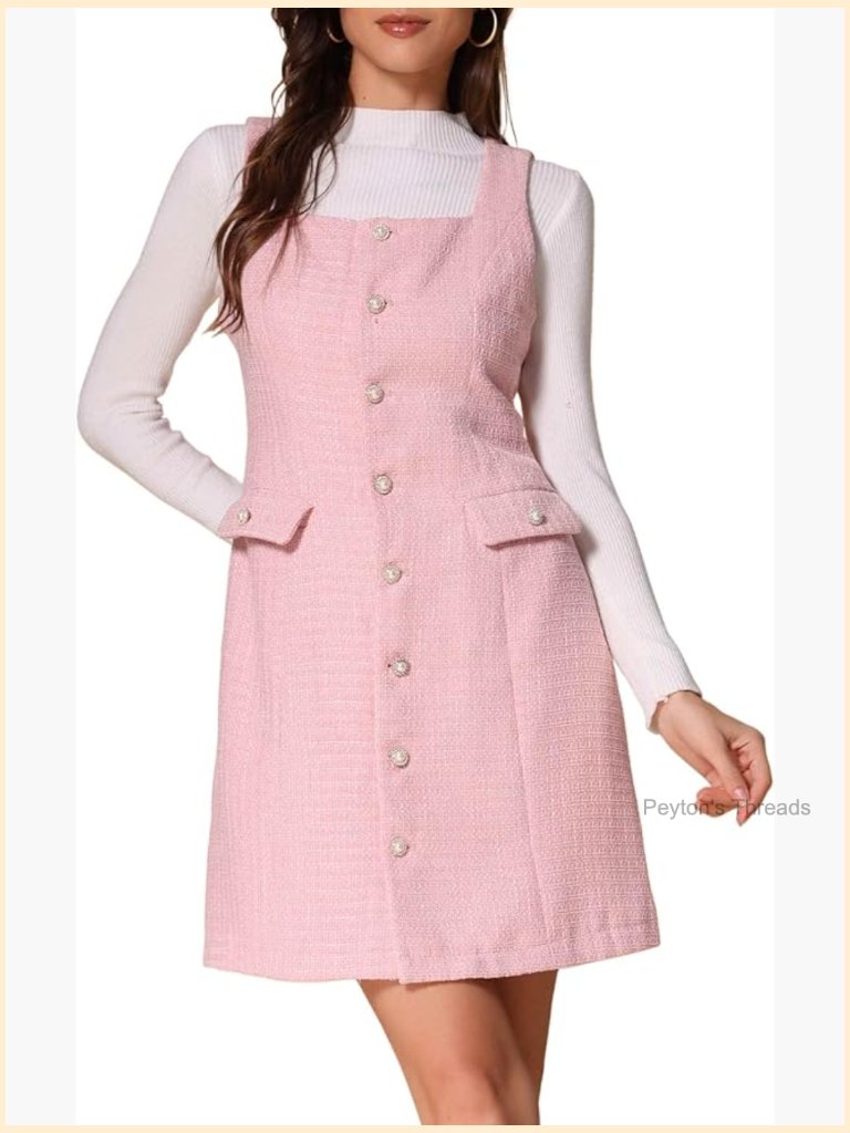 Vintage Tweed Plaid Pinafore Dress Sleeveless Square Neck Button Up A-Line